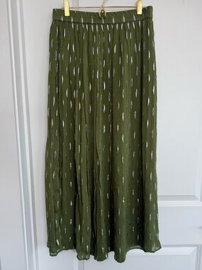 Zara Olive Green Maxi Skirt with Silver Metallic Detail